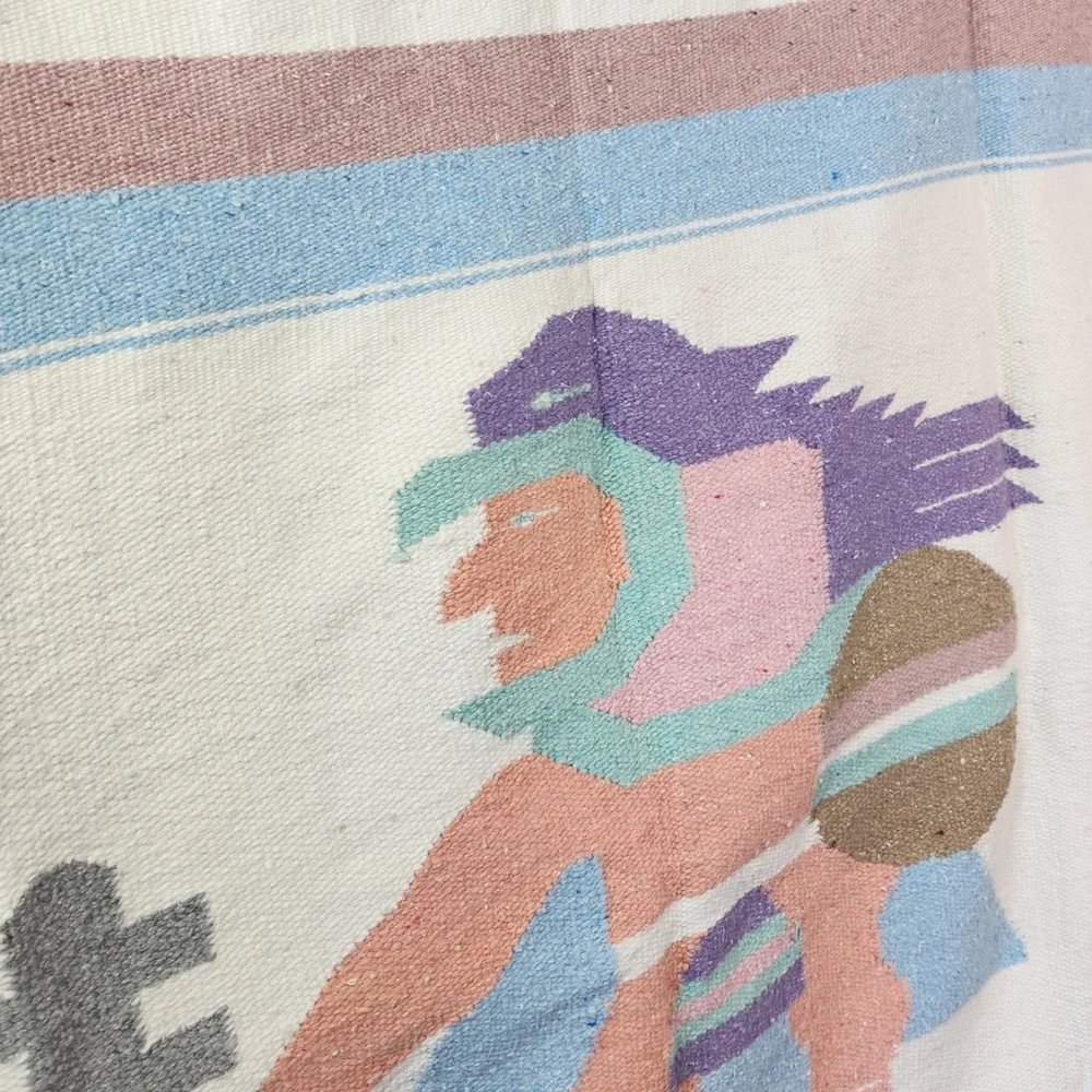 Vintage Pastel Striped Aztec Warrior Blanket Rug Wool Mexican Throw Saddle Boho